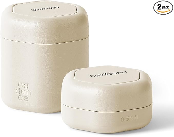 Cadence Travel Containers - 2 Piece Haircare Set - Magnetic Travel Capsules - For Shampoo, Conditioner, Hair Styling Product - 1 Small & 1 Medium Capsule - Shampoo & Conditioner Labels - Sand