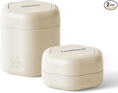 Cadence Travel Containers - 2 Piece Haircare Set - Magnetic Travel Capsules - For Shampoo, Conditioner, Hair Styling Product - 1 Small & 1 Medium Capsule - Shampoo & Conditioner Labels - Sand