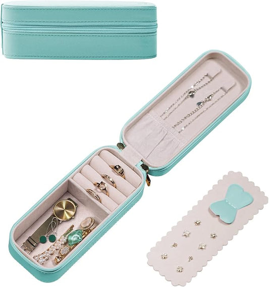 BONNY DODO Small Travel Jewelry Organizers Box for women with PU Leather Portable Mini Jewelry Case with compartments for Necklace Rings Earrings,Luxury Giftable boxes. (Lake Blue, S)