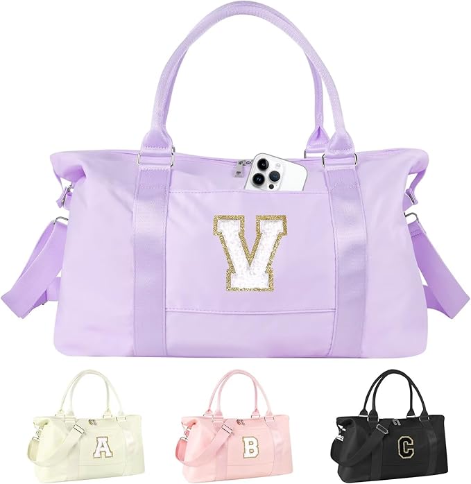 Dance Gym Duffel Bag for Teen Girls, Personalized Initial Travel Weekender Bag,Cute Overnight Carry On Duffle for Women,Sports Travel Cheer Bag,Monogram Christmas Gifts for Tween Preppy(purple-V)