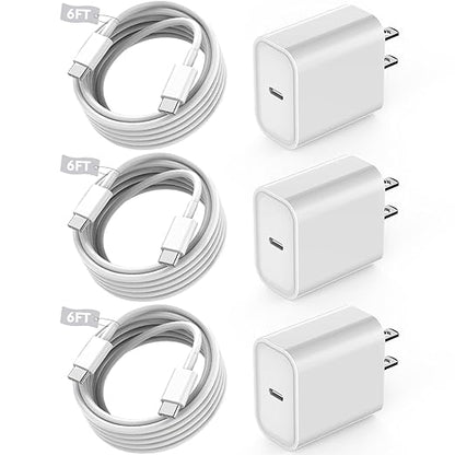 Fast USB C Charger Block,3Pack Long 6FT USBC to USBC Cable iPad Cord 20W iPhone 17 Pro Max Charger Travel Plug Fast Charging for iPhone 17/17 Air/17 Pro/16/16e/16 Pro/16Plus/15/15Pro/Pro Max/Plus,iPad