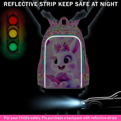 WZLVO 3PCS Rabbit Bookbag for Girls, 16" Glittery UV Printing Kids Backpack/School Bag with Lunch Box & Pencil Bag for Preschool to Elementary - Reading Rabbit Pink