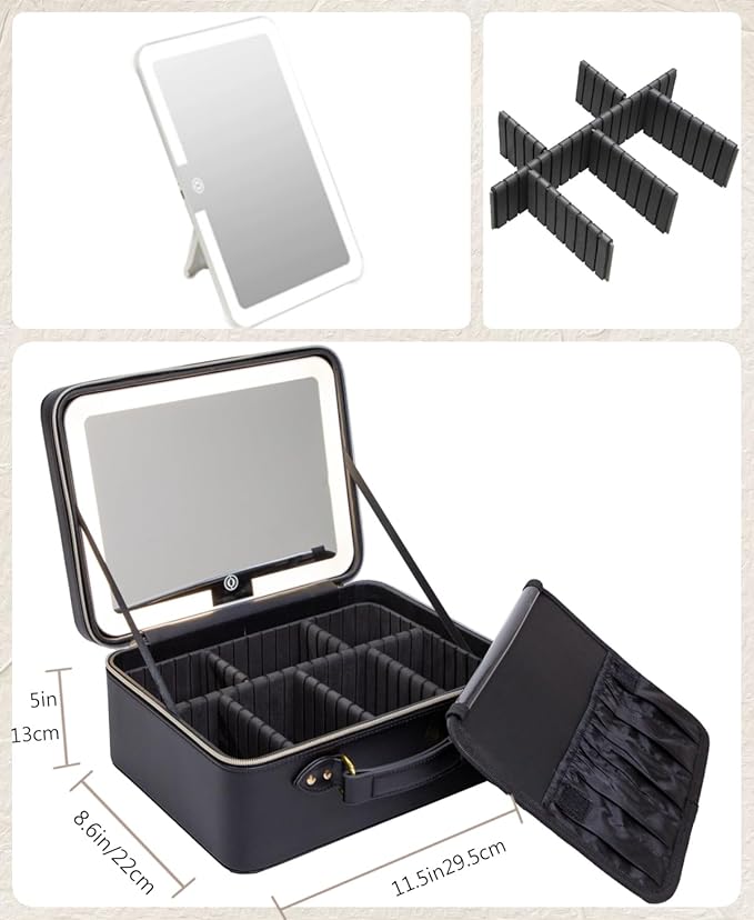 Travle Makeup Bag with LED Mirror, Portable Makeup Artist Organizer Case with Lighted Mirror, Makeup Bag with Adjustable Dividers, Cosmetic Brush Storage Box for Women Gift