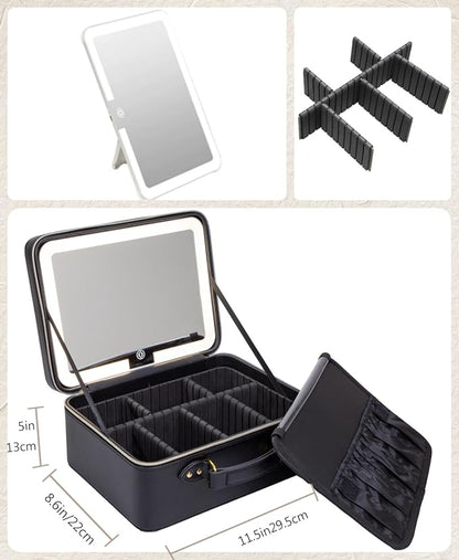 Travle Makeup Bag with LED Mirror, Portable Makeup Artist Organizer Case with Lighted Mirror, Makeup Bag with Adjustable Dividers, Cosmetic Brush Storage Box for Women Gift
