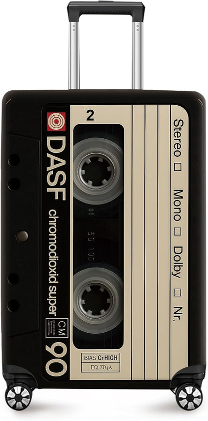 ANNA QUEEN Retro Cassette Tape Luggage Cover, Vintage Music Design Suitcase Protector, Washable Stretchable Travel Sleeve for 24-26 Inch Luggage