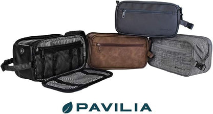 PAVILIA Toiletry Bag for Men, Travel Essentials Shaving Dopp Kit, Mens Travel Bag Toiletries Organizer Case for Grooming, PU Leather Water Resistant Cosmetic Bag Pouch (Heather Grey)