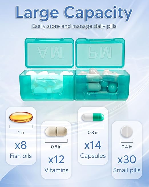 Monthly Pill Organizer 2 Times a Day, FRIWOLE Medicine Box with Portable Weekly Pill Bag, Keychain Pill Case, Pill Cutter and 2 Sticker (Black, 2 Times a Day)