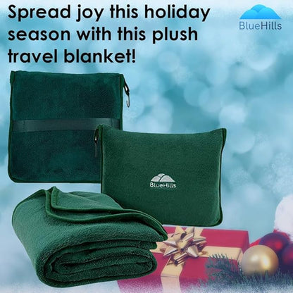 BlueHills Premium Soft Travel Blanket Pillow Airplane Flight Blanket Throw in Soft Bag Pillowcase Compact Pack Large Comfort for Travel Green (Dark Green T010)