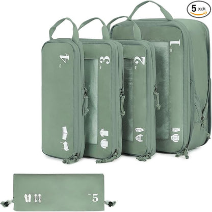 ECOHUB 5 Set Compression Packing Cubes for Suitcases Organiser Bags Set Travel Essentials with Shoe Bags for Travel Tear-resistant Travel Accessories with ID Tag Expandable Packing Bags(Green)
