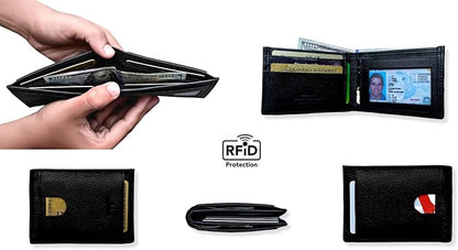KARAKORAM LEATHER Artisan Made Premium Cowhide Leather Slim BiFold Wallet for Men | RFID Blocking Front Pocket Everyday Carry | Fits 12-14 Cards with 2 External Quick Access Slots (Midnight Black)