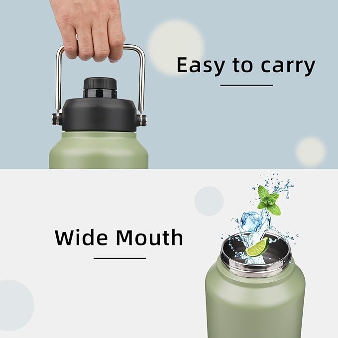 Half Gallon Jug with Handle,64 oz Insulated Water Bottle with Carrying Pouch,Double Wall Vacuum Stainless Steel Metal Bottle,Camp Green