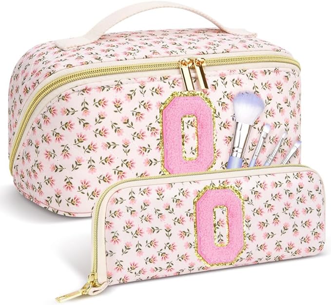 Personalized Travel Makeup Bag Set,Initial Travel Cute Floral Makeup Organizer Bag,Toiletry Skincare Cosmetic Bag,Christmas Gifts for Women/Girls,Open Flat Toiletry Pouch with Brush Pocket-O