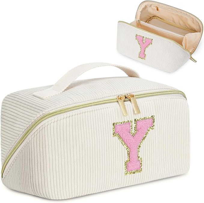Personalized Initial Makeup Bag,Christmas Gifts for Girl,Preppy Bag Cosmetic Travel Bag Women,Travel Toiletry Organizer,Large Capacity Corduroy Stuff Bag,Cute Cosmetic Pouch Skincare Bag-Y