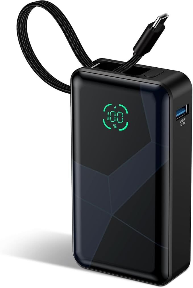 Power Bank, 10,000mAh Portable Charger PD 30W Fast Charging External Battery Pack with Built-in USB-C Cable, Travel Phone Charger with USB-C&A Output for iPhone 17 16 15, Ipad, Samsung, Google Etc