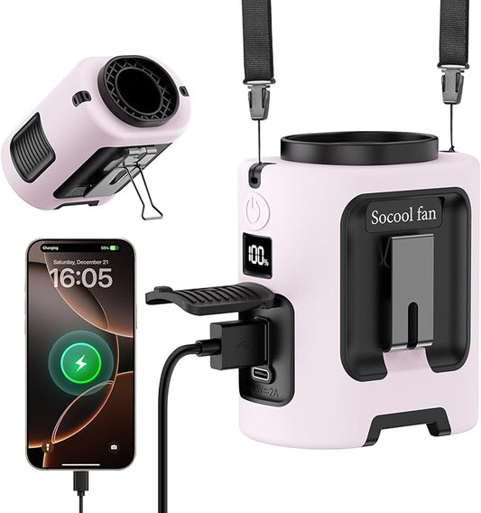 Socool Portable Waist Fan 5000mAh Rechargeable Mini Clip On Personal Fans with 13000RPM & 4 Adjustable Speeds, 25H Cooling Wearable Shirt Belt Hanging Neck Fan for Outdoor Working Jobsite (Pink)