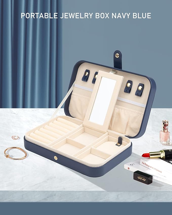2-Layer Travel Jewelry Box for Women, Portable Jewelry Organizer with Mirror & Removable Dividers, PU Leather Jewelry Case – Gift for Wife, Mom, Girlfriend (Navy Beige)