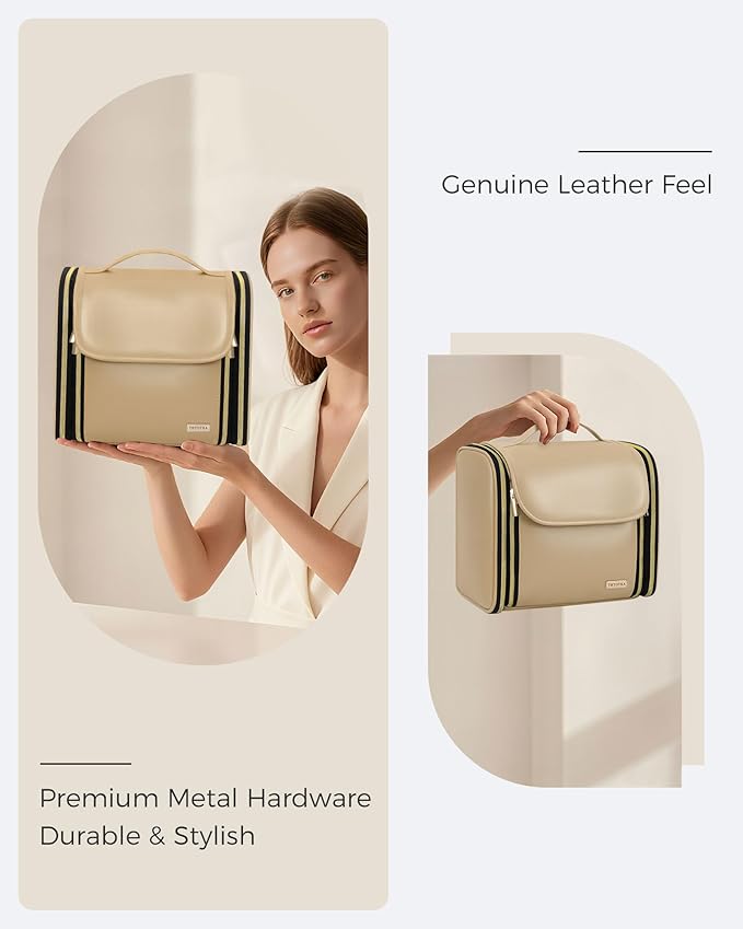 Hanging Toiletry Bag, PU Leather Makeup Bag Large Capacity with Jewelry Organizer for Brushes Set, Cosmetic Accessories, Khaki