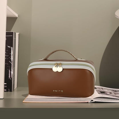 Prite Travel Cosmetic Bag Makeup Organizer Bag For Women Large Capacity Waterproof PU Leather Toiletry Bag with Handle and Clear Divider(Dark Brown)