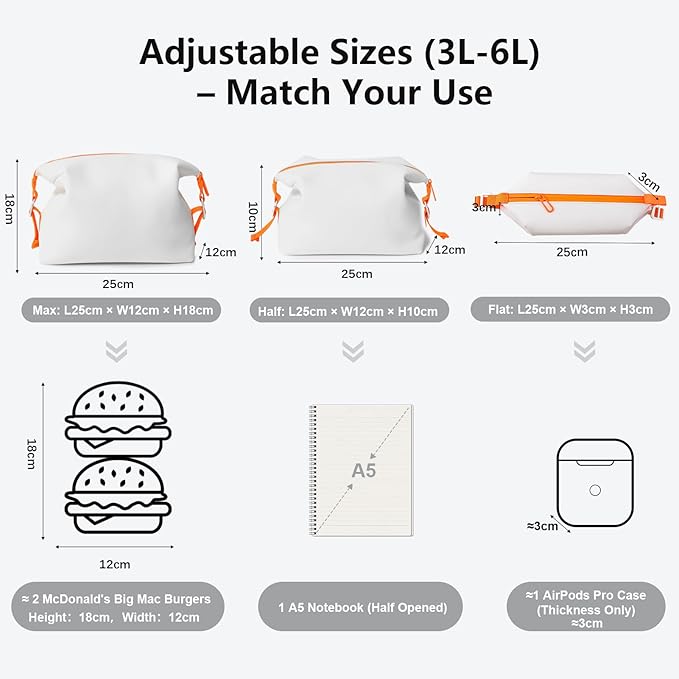 Vomgomfom 3L 6.5 Inch Silicone Toiletry Bag, Waterproof Leakproof Travel Cosmetic Organizer, Adjustable G-Buckle Compression Dopp Kit, Foldable Makeup Bag for Women & Men, White