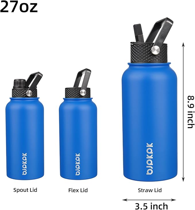 BJPKPK Insulated Water Bottles with Straw Lid, 27oz Stainless Steel Water Bottle with 3 Lids, Leak Proof BPA Free Metal Thermos Mug, Sports Water Bottle Keep Cold & Hot- Sapphire (Pack of 5)