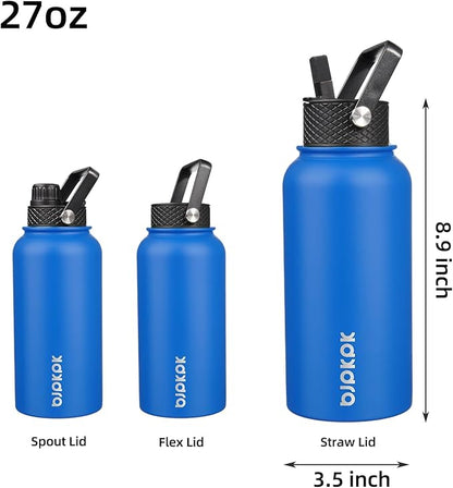 BJPKPK Insulated Water Bottles with Straw Lid, 27oz Stainless Steel Water Bottle with 3 Lids, Leak Proof BPA Free Metal Thermo, Mugs, Tumblers, Keep Cold Hot - Sapphire