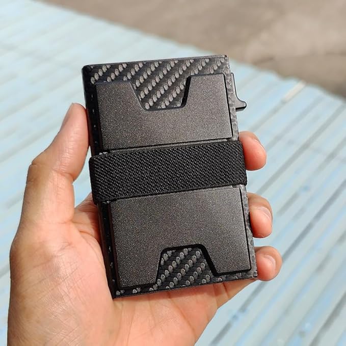 Jenoss Smart Pop Up Wallet for Men: Aluminum Card Holder Wallet, Slide Pop Up Case, Slim Metal RFID Blocking Credit Card Holder, Minimalist Compact 12+ Cards Slot Organizers ID Money Clip (Carbon)