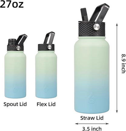 BJPKPK Insulated Water Bottles with Straw Lid, 27oz Stainless Steel Water Bottle with 3 Lids, Leak Proof BPA Free Metal Thermo, Mugs, Tumblers, Keep Cold Hot -Mint