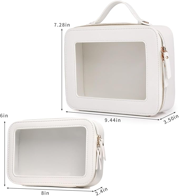 Pinkmik Clear Makeup Bag for Women Waterproof Travel Cosmetics and Toiletries Case Portable Makeup Oaganizer Bag Clear Car Bag with Zipper(White, M+L-1)