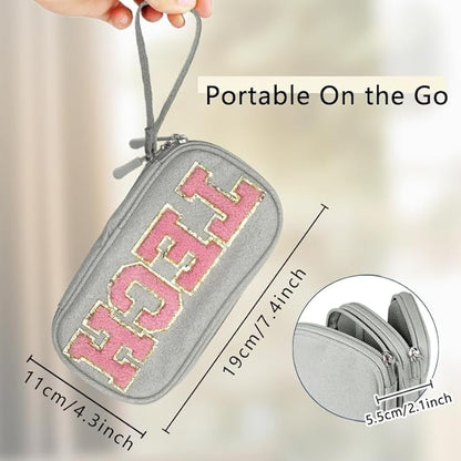 COSHAYSOO Electronics Accessories Organizer Bag with Chenille Letter Patch TECH for Women Travel Gifts, Traveling Essentials Compact Case Waterproof Must Have Pouch for Cord Charger Adapter (Gray)