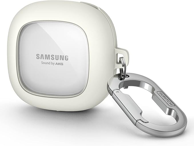 SURITCH for Samsung Galaxy Buds 2 Pro Case(2022)/Galaxy Buds 2 Case(2021)/Galaxy Buds Live Case(2020)/Galaxy Buds Pro Case(2021) Hard Clear PC Shockproof TPU White Cover with Silver Carabiner