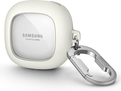 SURITCH for Samsung Galaxy Buds 2 Pro Case(2022)/Galaxy Buds 2 Case(2021)/Galaxy Buds Live Case(2020)/Galaxy Buds Pro Case(2021) Hard Clear PC Shockproof TPU White Cover with Silver Carabiner