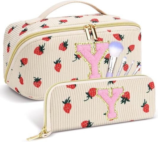 Personalized Travel Makeup Bag Set,Initial Travel Strawberry Makeup Organizer Bag,Toiletry Skincare Cosmetic Bag,Christmas Gifts for Women/Girls,Open Flat Toiletry Pouch with Brush Pocket-Y