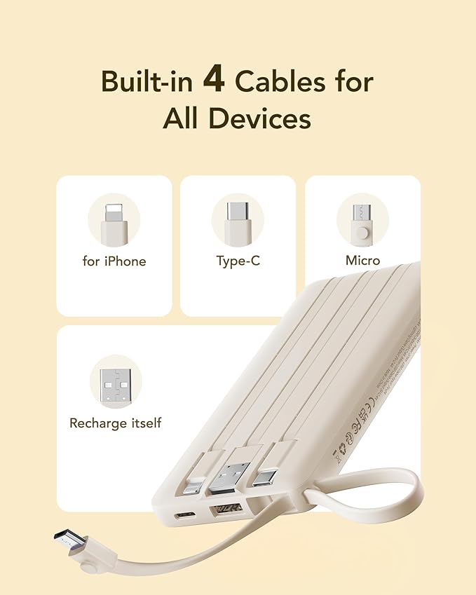 VRURC Portable Charger Power Bank,10000mAh Travel Essentials Battery Pack, 5 Outputs 2 Inputs Slim USB C Charging Bank Built-in Cables Cords for iPhone 17 16 15 13,Samsung,Android-Light Coffee(1 Pack)