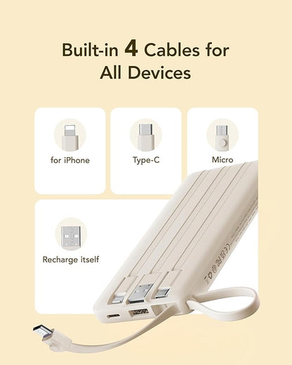 VRURC Portable Charger Power Bank,10000mAh Travel Essentials Battery Pack, 5 Outputs 2 Inputs Slim USB C Charging Bank Built-in Cables Cords for iPhone 17 16 15 13,Samsung,Android-Light Coffee(1 Pack)