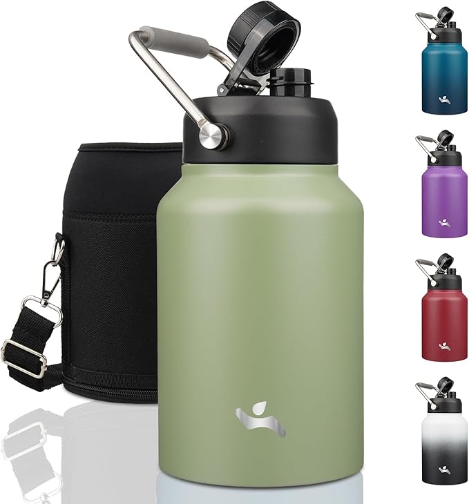 Half Gallon Jug with Handle,64 oz Insulated Water Bottle with Carrying Pouch,Double Wall Vacuum Stainless Steel Metal Bottle,Camp Green