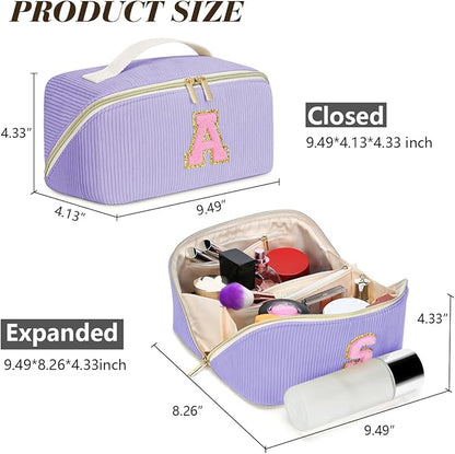 Personalized Initial Makeup Bag,Christmas Gifts for Girl,Preppy Bag Cosmetic Travel Bag Women,Travel Toiletry Organizer,Large Capacity Corduroy Stuff Bag,Cute Cosmetic Pouch Skincare Bag-U