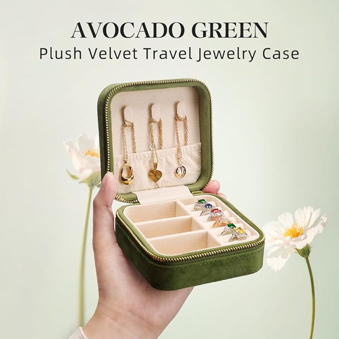 TAIMY Travel Jewelry Case, Small Plush Velvet Jewelry Box for Women and Girls, Portable Jewelry holder organizer for Rings Earrings Necklaces Bracelets(Avocado Green)