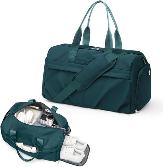 Gym Bag for Women Men with Shoe Compartment, Sport Duffel Bag, Waterproof Travel Weekender Overnight Carry on Bag for Yoga with Trolley Sleeve, Peacock Blue