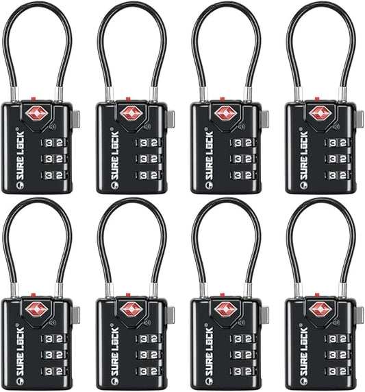 SURE LOCK TSA Compatible Travel Luggage Locks, Inspection Indicator, Easy Read Dials TSA Approved with Zinc Alloy (1, Black 8 Pack)