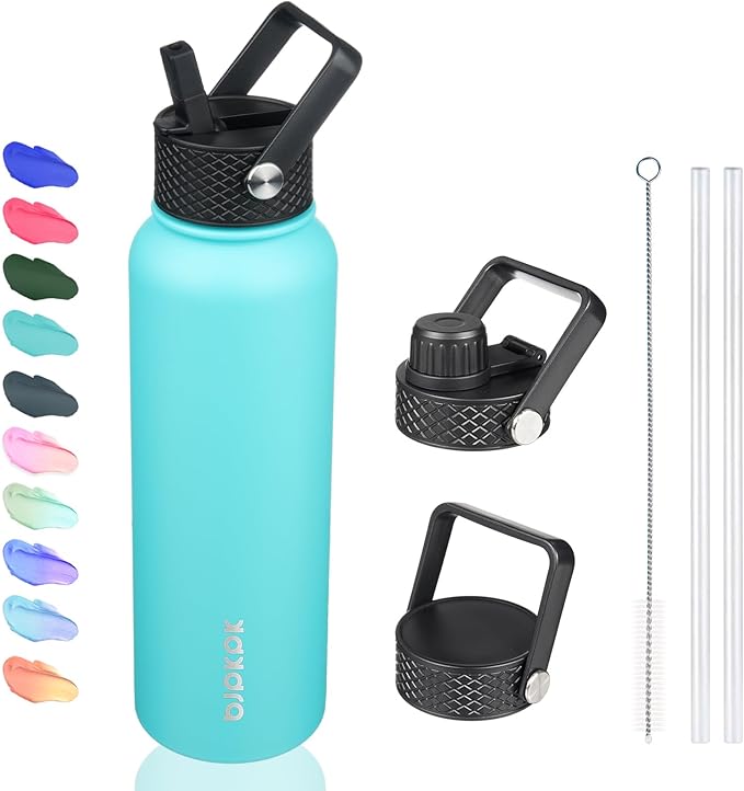 BJPKPK Insulated Water Bottles with Straw Lid, 40oz Stainless Steel Water Bottles with 3 Lids, BPA Free Leakproof Thermo, Tumblers, Cups for Sports, Gym- Turquoise