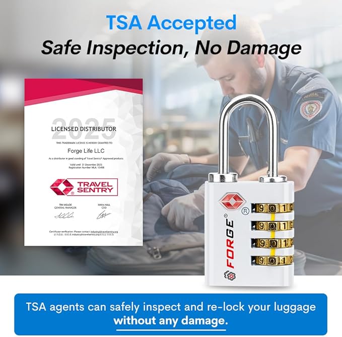 Forge Dual-Opening: Key or Combination Access Lock, TSA Approved Locks for Luggage, Pelican case, Travel, Gym, School, Stainless Steel Shackle. (White, 2 Pk)