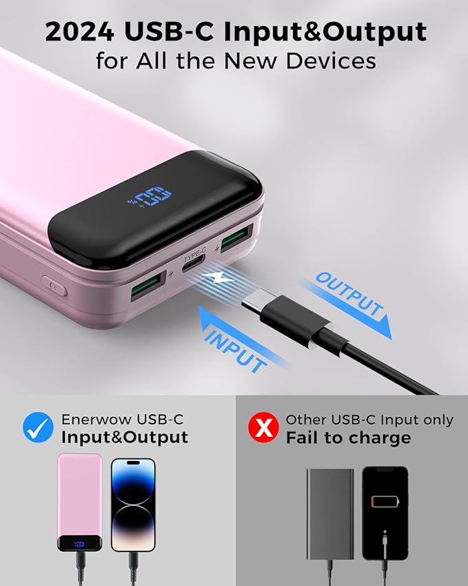 Portable Charger Power Bank 40000mAh Powerbank PD 30W and QC 4.0 Fast Charging External Battery Pack with USB-C LED 3 Outputs & 2 Inputs Portable Charging for iPhone 15 14 13 (Pink)