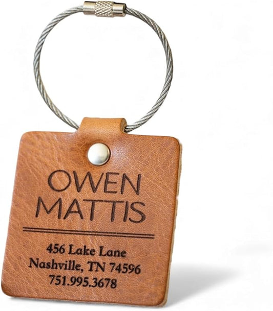 Personalized Leather Luggage Tag – Custom Engraved Travel Tag with Name & Address, Full Grain Leather, Handmade in USA, Gift for Travelers