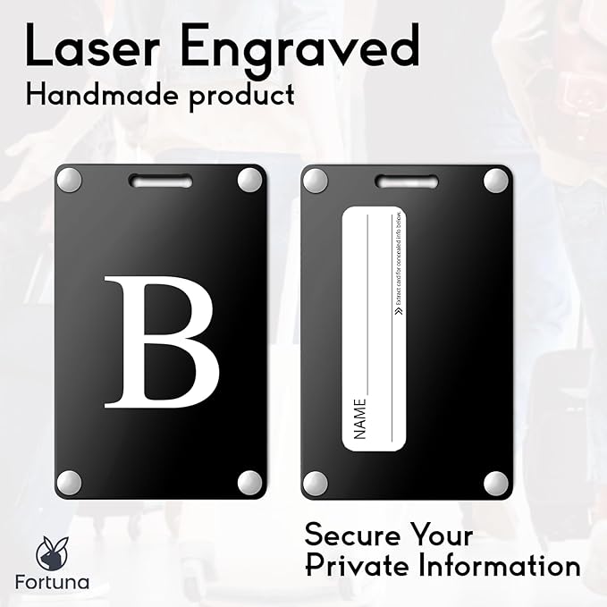 Premium 3-Layer Aluminum Luggage Tags by Fortuna - Easy to Claim, Laser-Engraved, Plastic-Free, and Eco-Friendly Luggage Tag Holders, 2-Pack, Black (B)