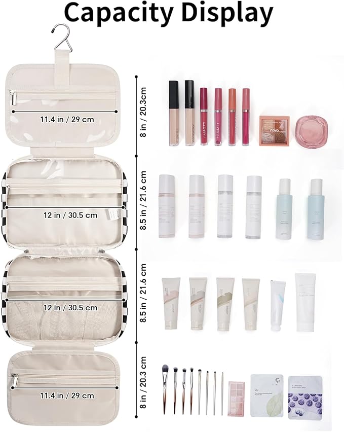 Narwey Travel Toiletry Bag for Women Large Hanging Makeup Bag Organizer Toiletries Bag for Full Size Essentials Accessories Cosmetics (Black Checkerboard (Large))