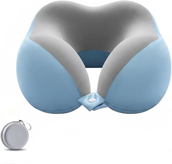Ergonomic U-Shaped Memory Foam Neck Pillow for Travel & Office with Carry Pouch, Provides Neck Support for Airplane, Train, Anti-Sideturn Sleep (Blue)