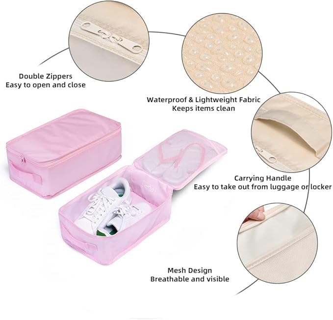 Travel Shoe Bags, Foldable Waterproof Shoe Pouches Organizer-Double Layer (2+2 Pink Shoebags)