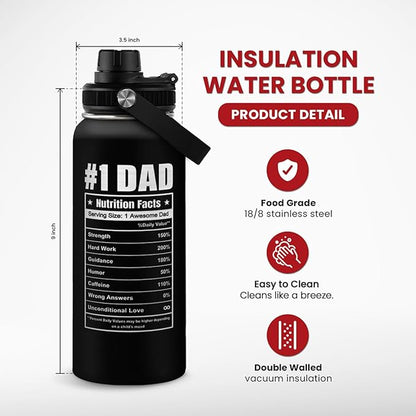 Best Dad Ever Water Bottle 32oz - Dad Bottle Stainless Steel Insulated Sports Bottles with Lid, Gifts for Father from Daughter Son, Dad Gifts for Birthday Christmas Fathers Day
