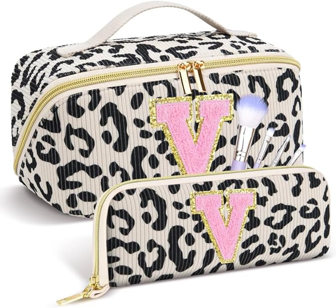 Personalized Travel Makeup Bag Set,Initial Travel Cute Leopard Makeup Organizer Bag,Toiletry Skincare Cosmetic Bag,Christmas Gifts for Women/Girls,Open Flat Toiletry Pouch with Brush Pocket-V