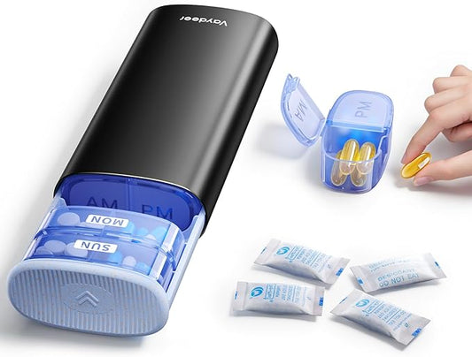 Vaydeer Large Weekly Pill Organizer 2 Times a Day,Metal 7 Day Travel Pill Box with Double Protection,AM PM Pill Case for for Medication, Vitamins, Fish Oils, Supplements(Black)